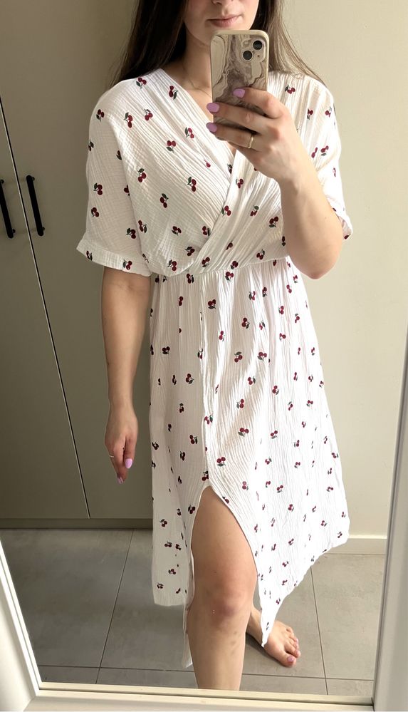 Sukienka muślinowa letnia w wiśnie cherry modna s m NOWA