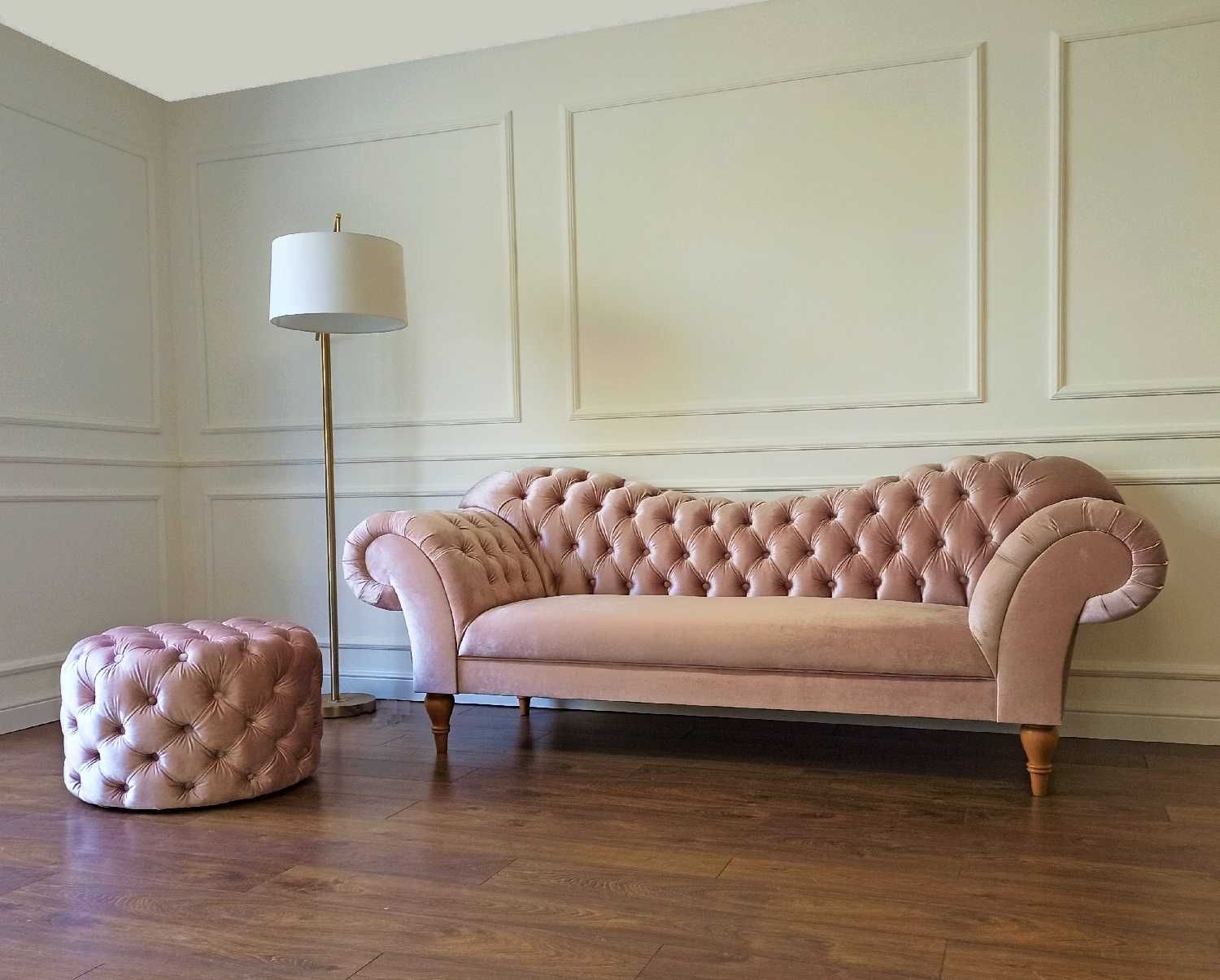 Pikowana Sofa Chesterfield Glamour Pudrowy Róż 3-osobowa