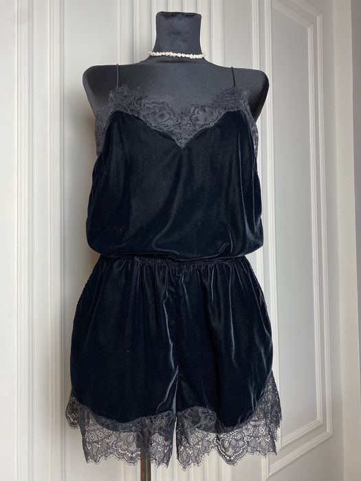 Kombinezon damski krótki czarny 36 S H&M aksamit koronka na okazje