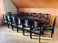 Komplet drewniany czarny stół rozkładany z 14 krzesłami