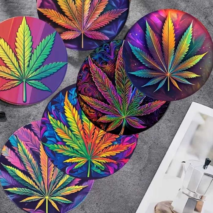 6x RETRO podkładki pod kubek LIŚCIE KONOPII NA PREZENT podstawki h261