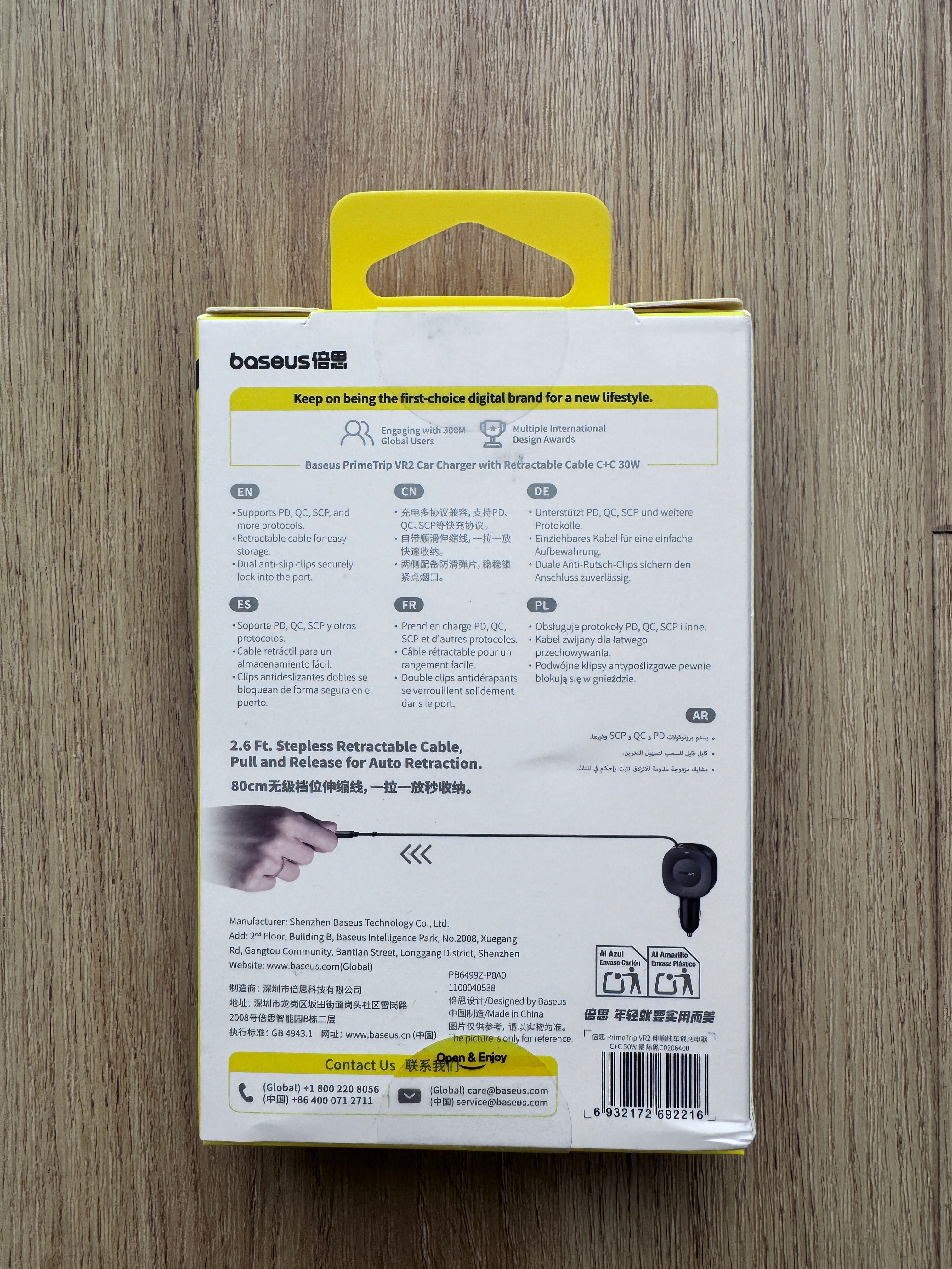 Baseus Szybka ładowarka samochodowa 30 W Wysuwany kabel C USB-C
