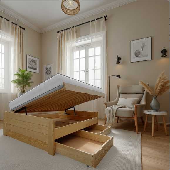 wysokie łóżko drewniane otwierane z 3 pojemnikami ALTO 90x200 +150 kg!