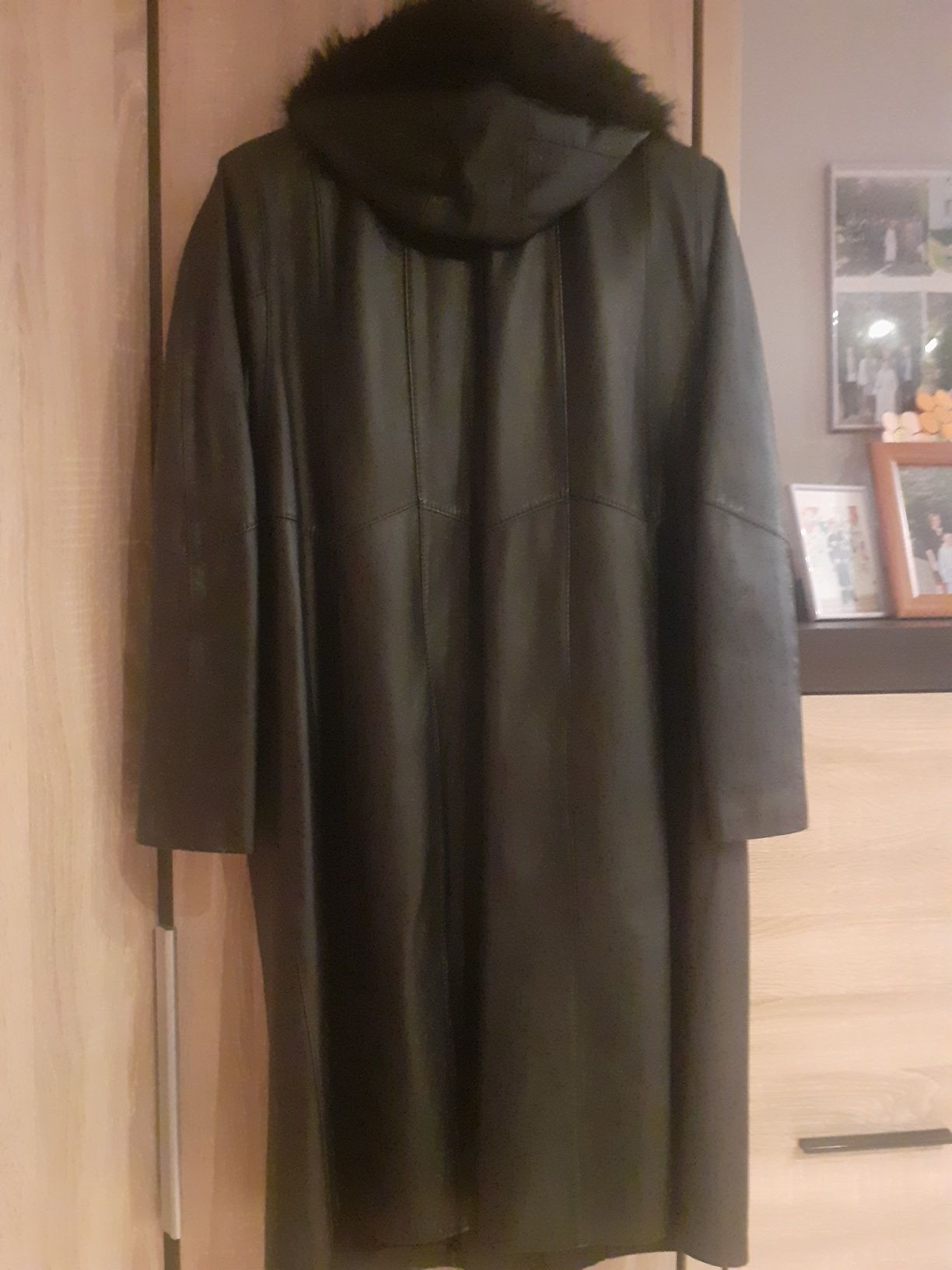 Płaszcz skórzany 100% kaptur czarny