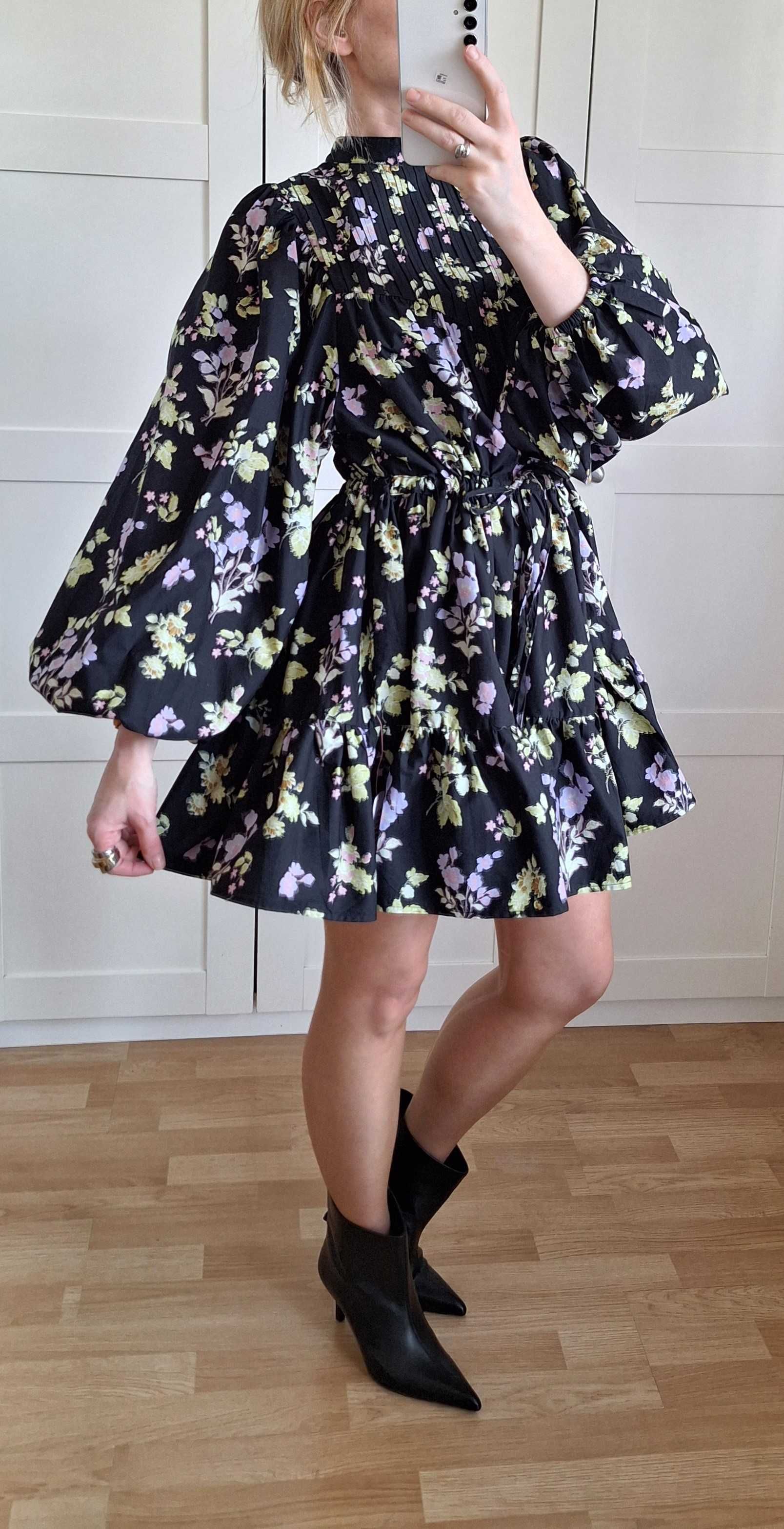 Asos Design Nowa Sukienka Mini z Szerokimi Rękawami Stójka Bawełna L