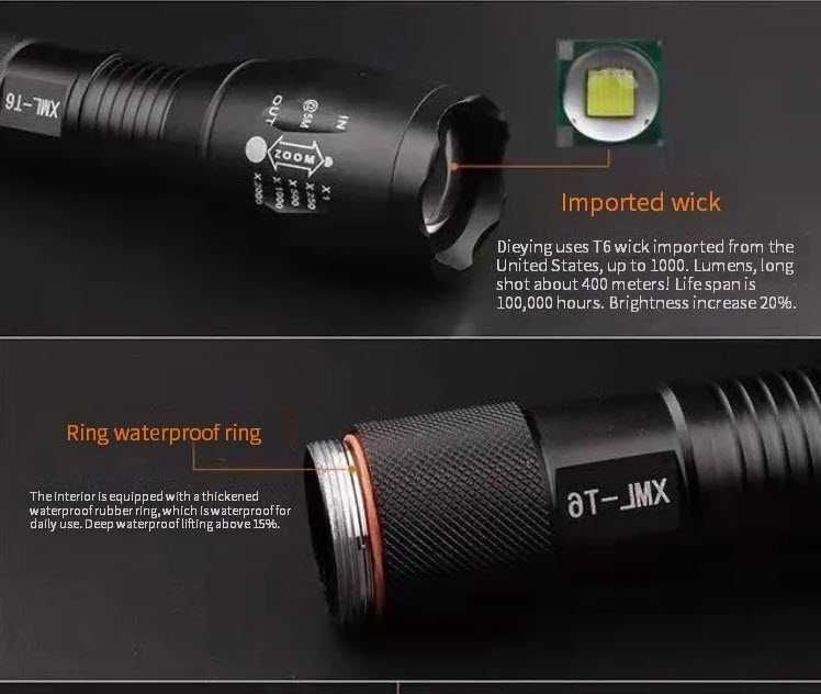 Світлодіодний зум-ліхтарик, потужний T6