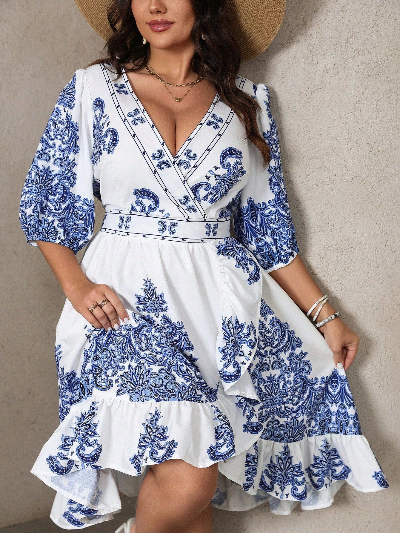 Sukienka Midi Letnia Boho Rozkloszowana Rękaw 3/4 Casual Shein 4Xl 48