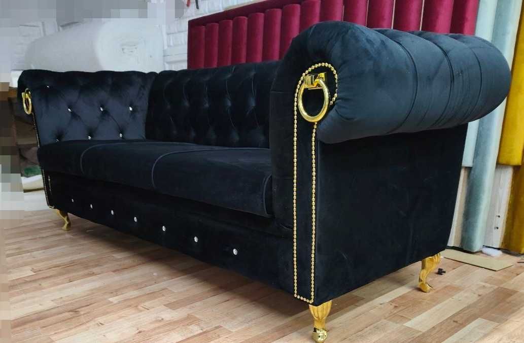 Sofa chesterfield głęboko pikowana z f spania nogi chrom