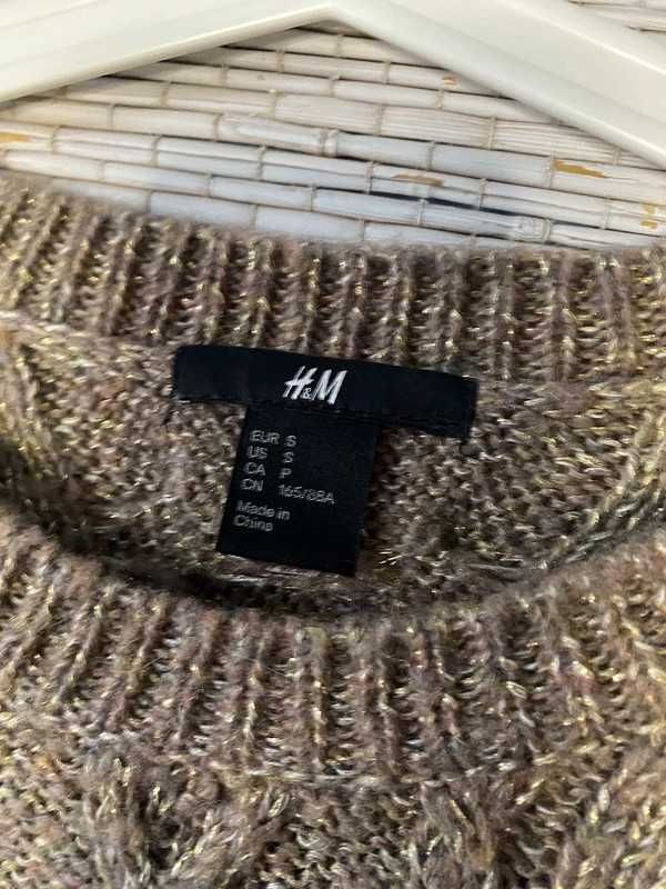 Brązowy sweter warkocz ze złotą nitką H&m S/M 36/38