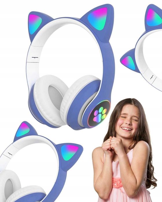 Słuchawki bezprzewodowe bluetooth kocie uszy niebieskie prezent szkoła