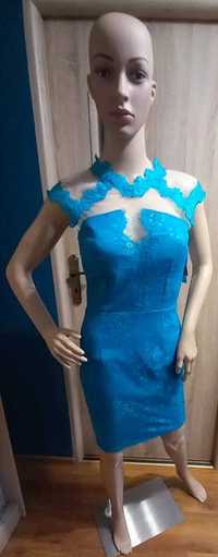 Nowa niebieska koronkowa elegancka sukienka S