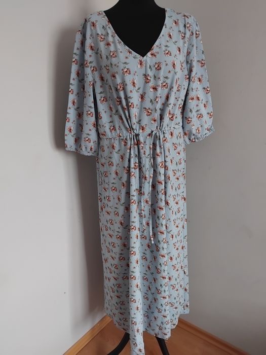 Luźna sukienka długa maxi w kwiatki kwiecista XL 42 krótki rekaw