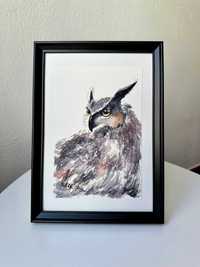 Pintura a aguarela com moldura - Coruja  / Framed owl painting