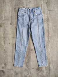 Spodnie dżinsowe jeans jasne błyszczące ozdoby wysoki stan M.Sara