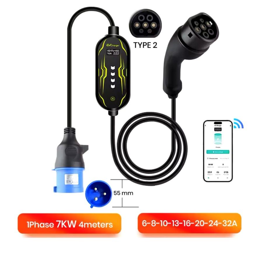 Carregador Portátil 7 kw - 32A - C/ APP - Veiculos Eletricos