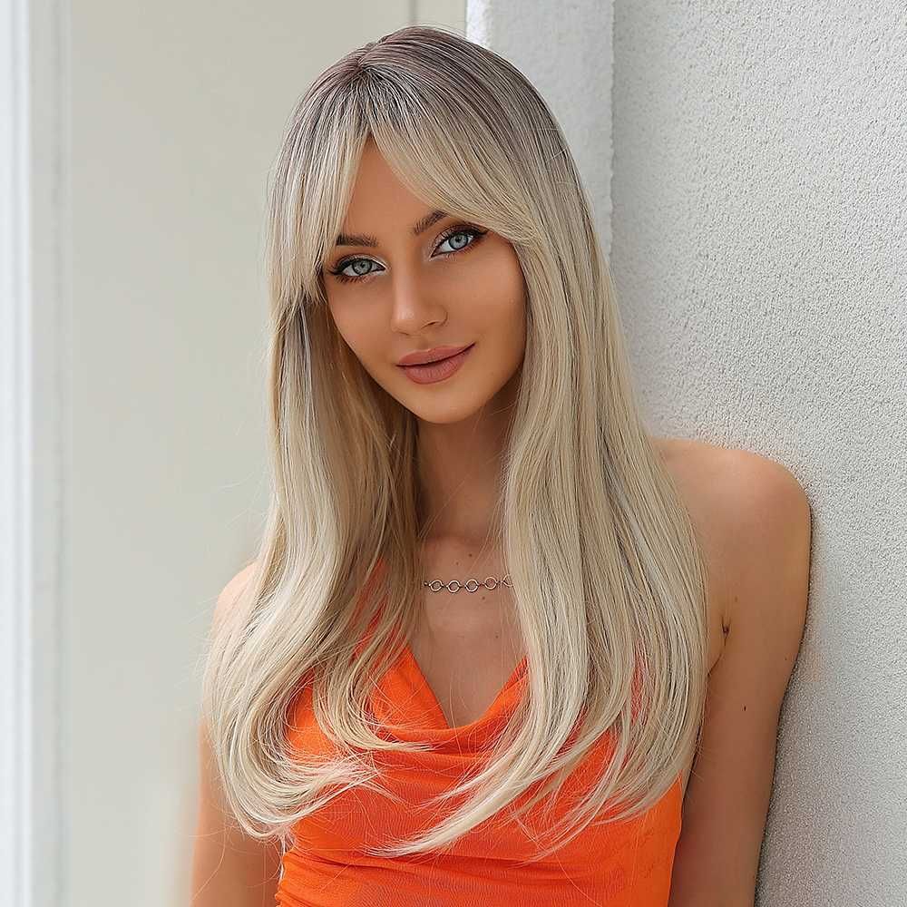 Peruka blond odrost z grzywką długie włosy Naturalny efekt + czepek