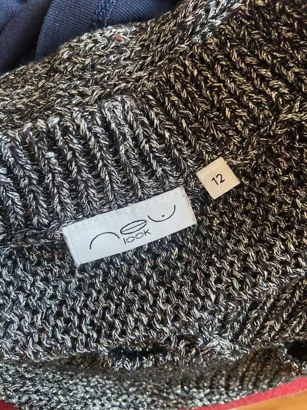 40 42 metaliczny sweter dziury nietoperz oversize srebrna nitka