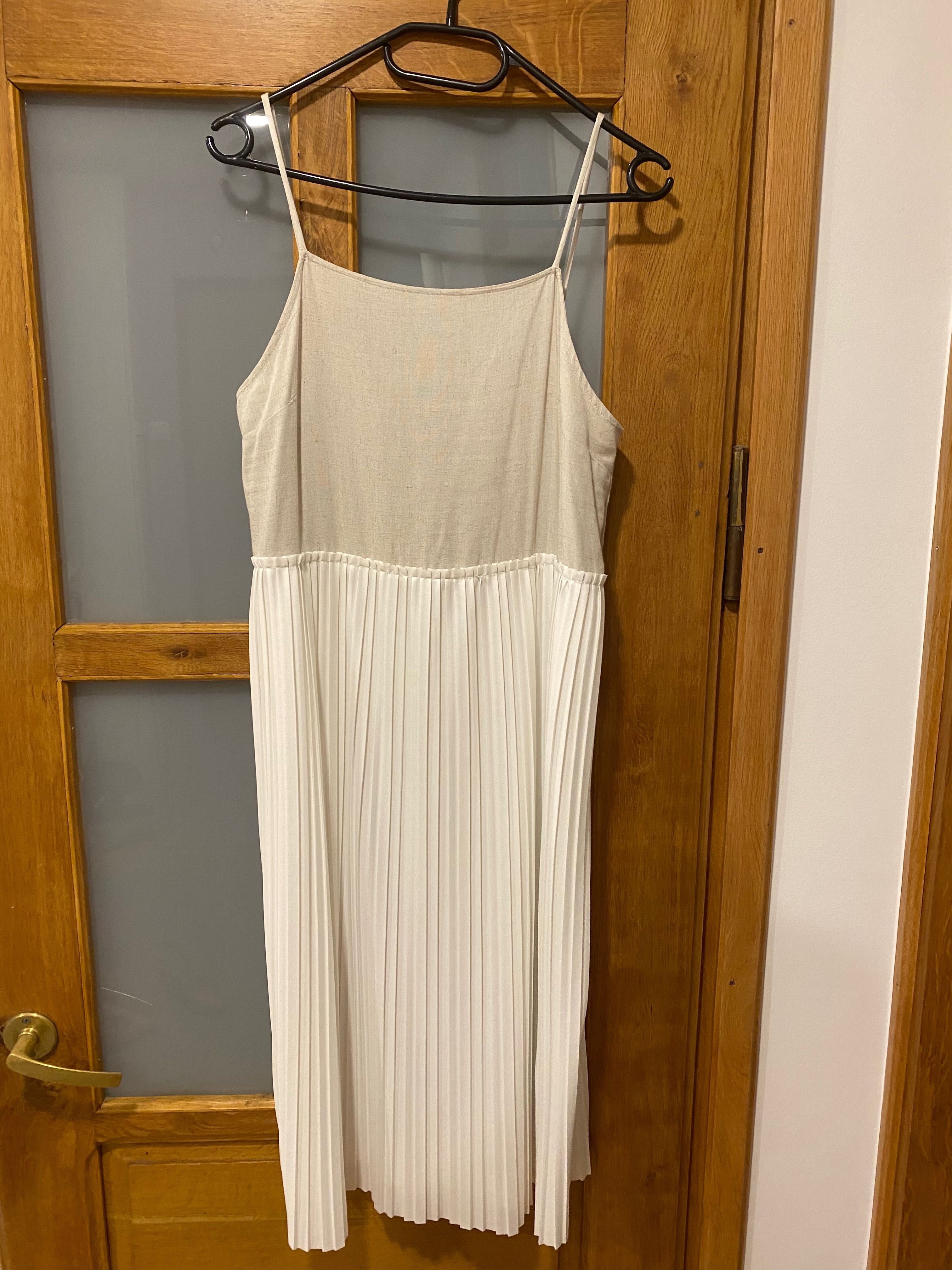 Sukienka zara biała nude plisowana 36 s na ramiączkach midi na lato