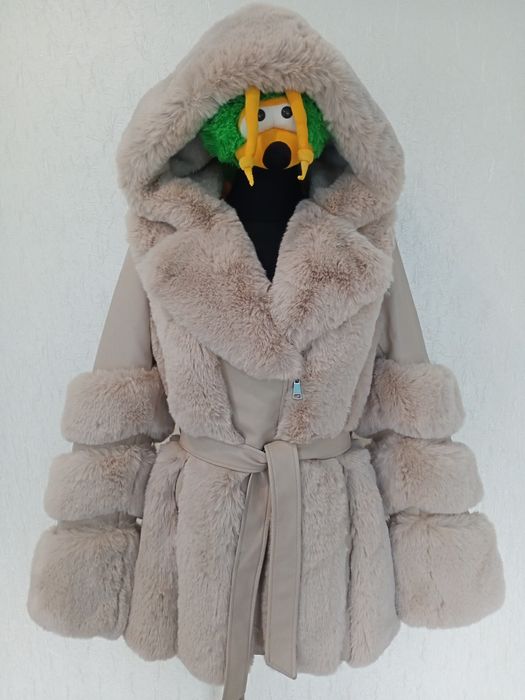 Куртка-шубка еко-шкіра, хутро, бежева