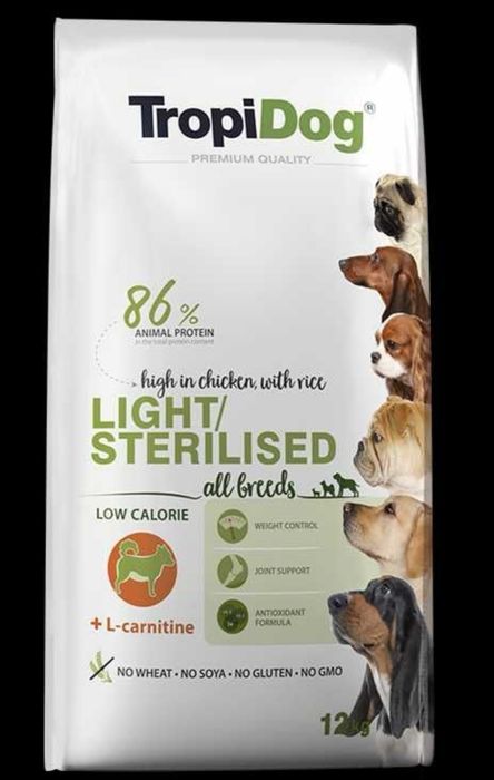 TROPIDOG 12 kg LIGHT/STERYLISED karma dla psa + przekąski GRATIS