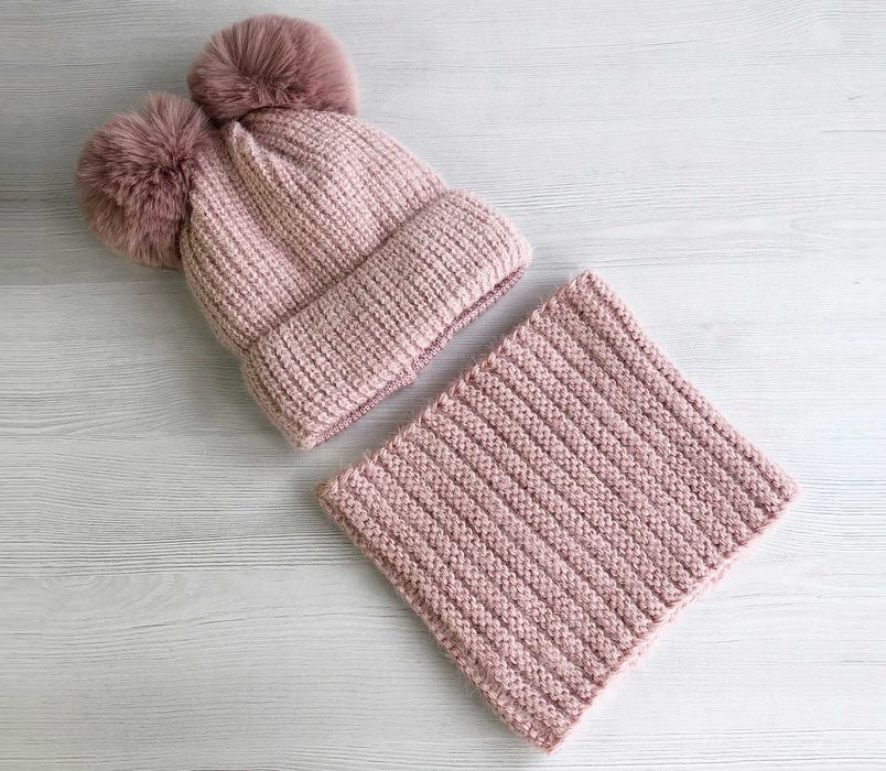 Зимний комплект для девочки 5 6 7 8 лет: теплая детская шапка и хомут