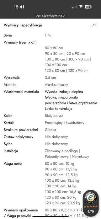 Bernstein brodzik prysznicowy nowy 90 x 80 model Tim