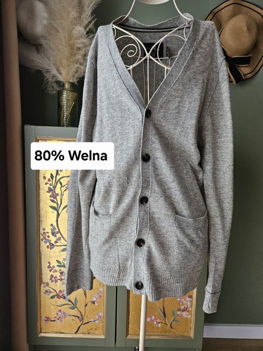 Jesienny Kardigan męski szary wełniany H&M z łatami na łokciach