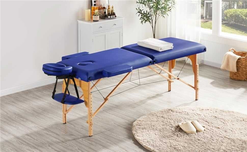 Mobilny stół do masażu z drewnianymi nóżkami