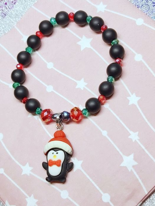 Bransoletka handmade pingwinek święta prezent onyks kryształ perły