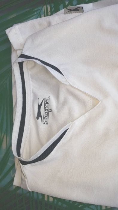 Slazenger Koszulka sportowa biała czarne logo paski zielony napis M