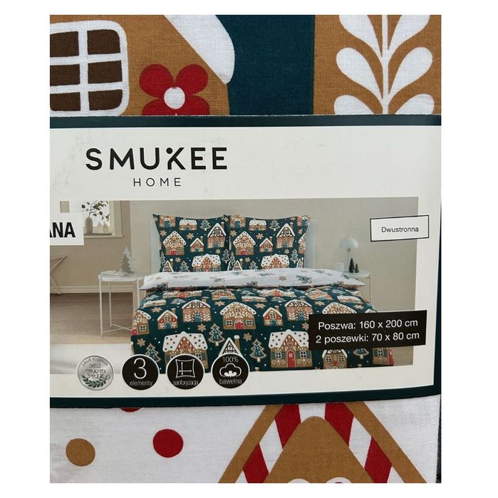 Świąteczna pościel bawełniana 160x200 ciemnozielona Chatka z Piernika
