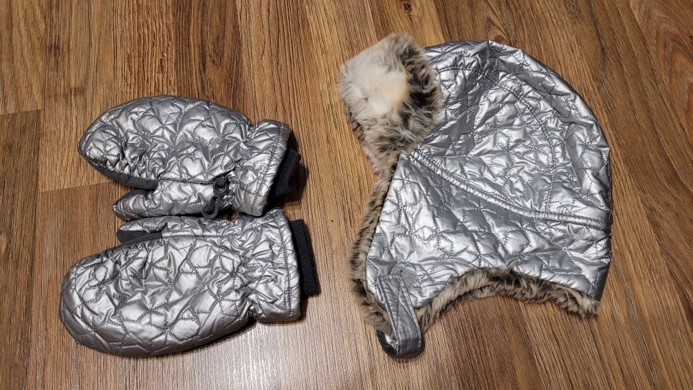 H&M czapka pilotka srebrna rękawiczki komplet zimowy