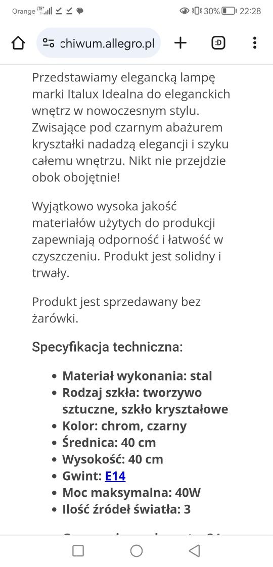 Lampa glamour czerń złoto 40cm ITALUX