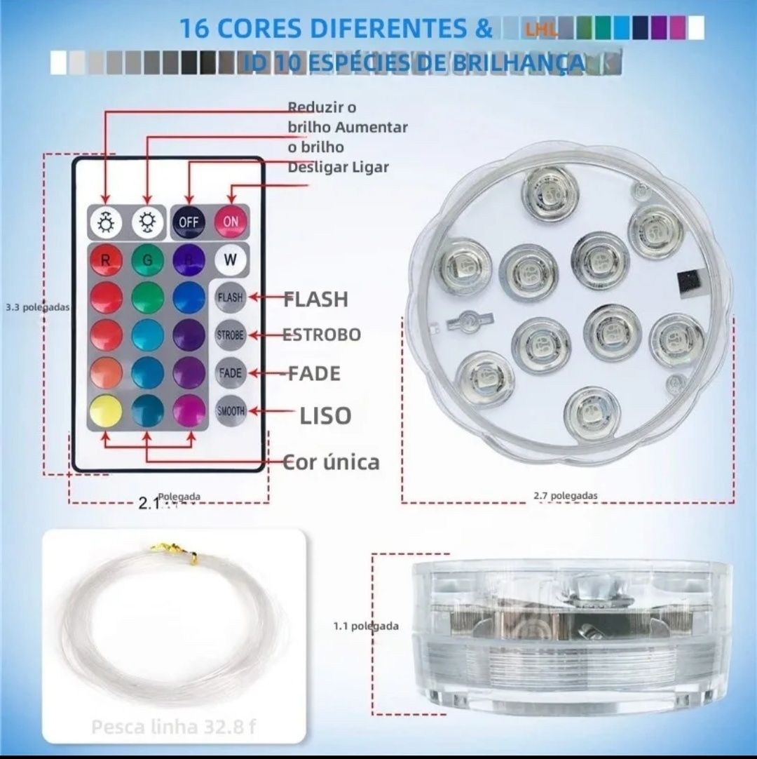 Led RGB submersível com comando 
Funciona com 3 pilhas AAA (não inclu