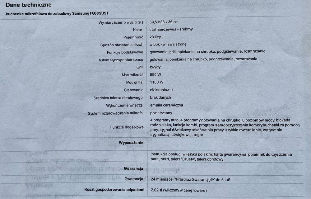 Mikrofalówka do zabudowy Samsung