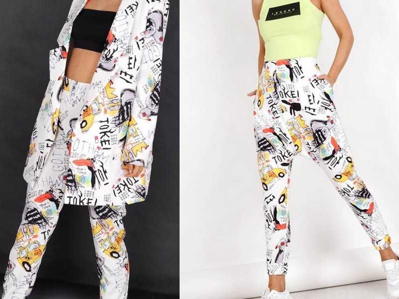 Miss City hitowy garnitur z printem kreskówka spodnie marynarka M-L