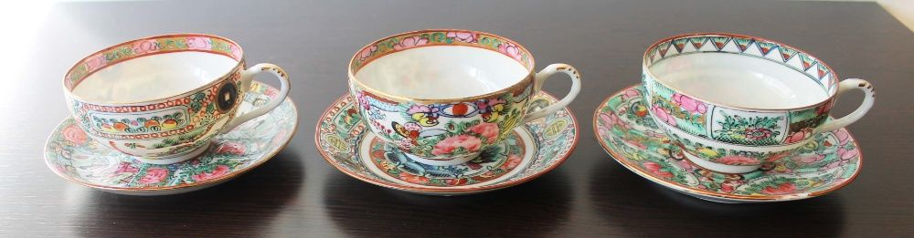 Antigos pratos e chávenas em porcelana casca de ovo fabricado em Macau