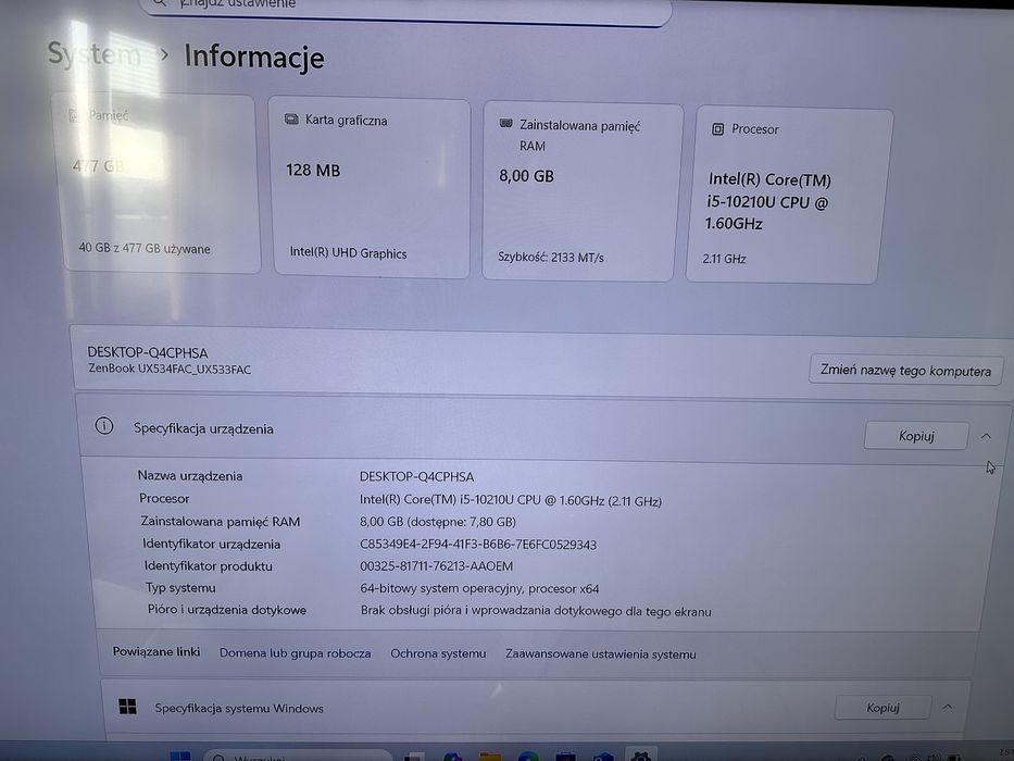 Plyta główna z kadlubkiem do Asus Zenbook UX-533FAC 100% sprawna