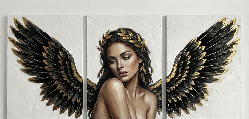 Obraz kobieta anioł akt złoty trzy częściowy