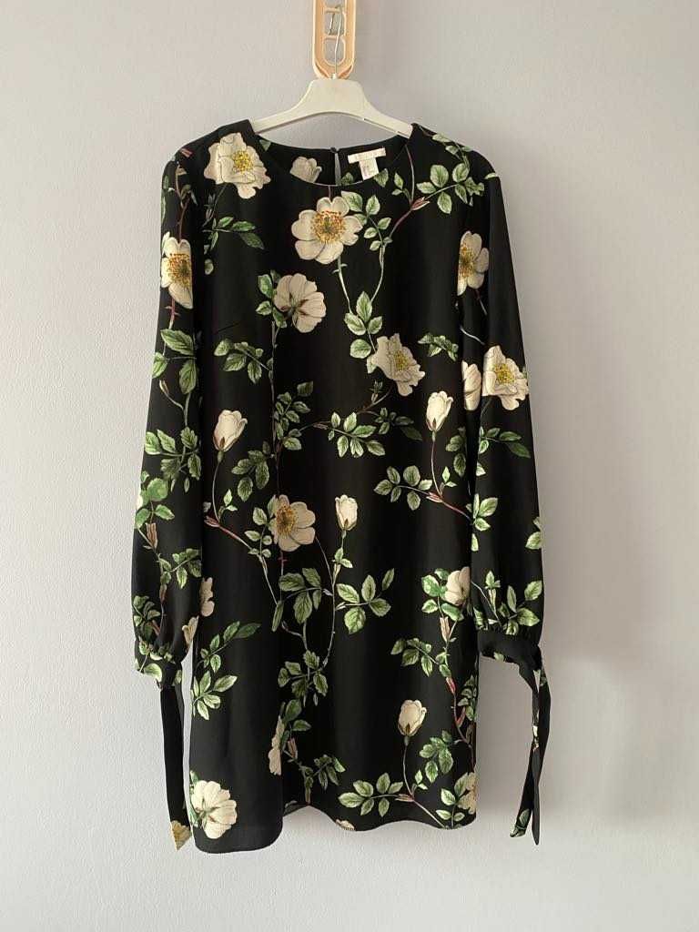 H&M Sukienka tunika czarna w kwiaty długi rękaw 40
