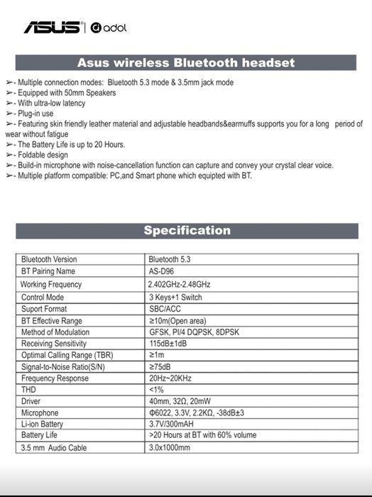 Headphone ASUS sem fios Novo