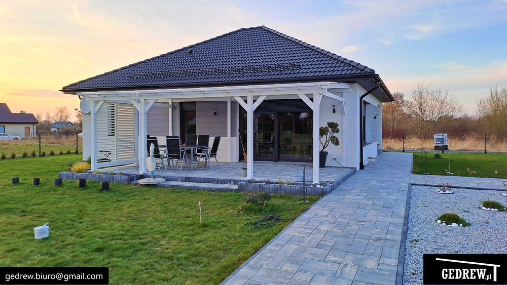 Zadaszenie tarasu pergola przyścienna żaluzje ruchome 7,5x4,4m