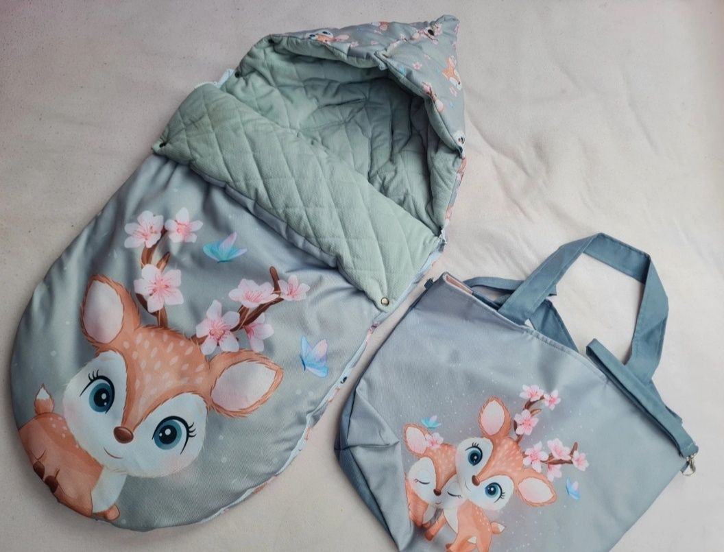 Śpiworek i torba do wózka z jelonkiem handmade sarenka