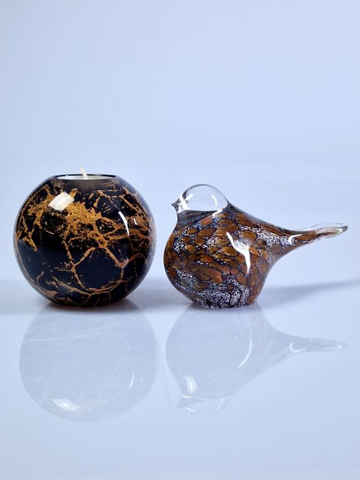 Szklany ptaszek i świeczniki kula gold