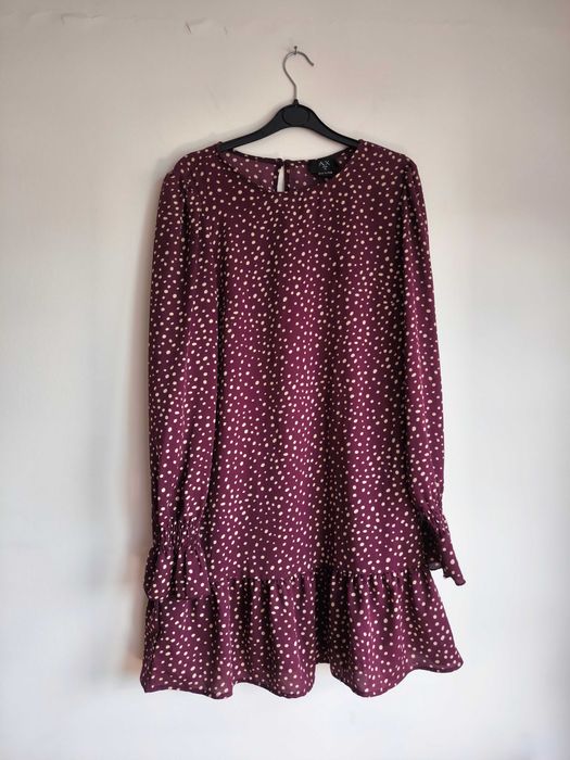Bordowa jesienna sukienka w kropki marki AX Paris M/38 z falbanką