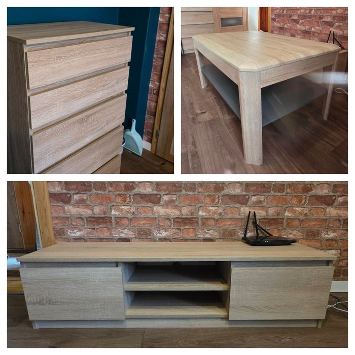 Zestaw mebli – stolik kawowy, szafka RTV i komoda – kolor dąb sonoma