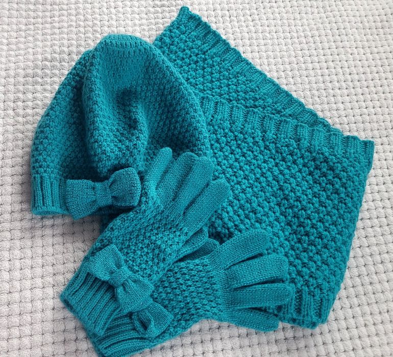 Nowy turkusowy dziergany komplet czapka komin rękawiczki dla dziewczyn