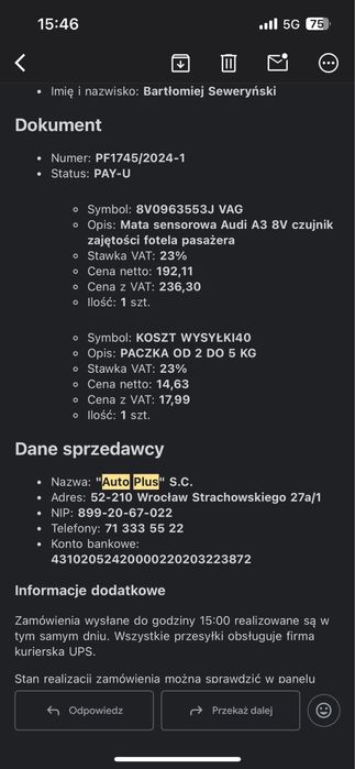 Mata - czujnik zajętości - fotel pasażera - AUDI A3