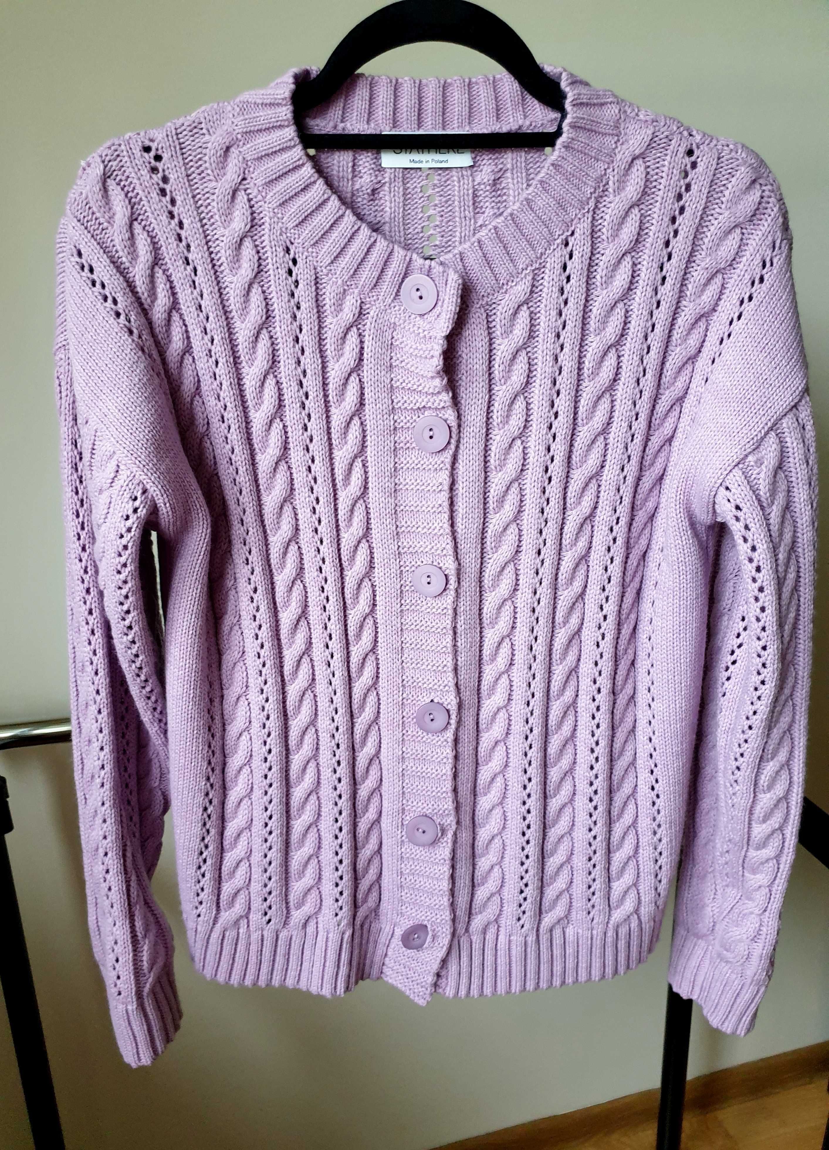 Liliowy sweter pleciony warkocze kardigan z wełną rozmiar S M