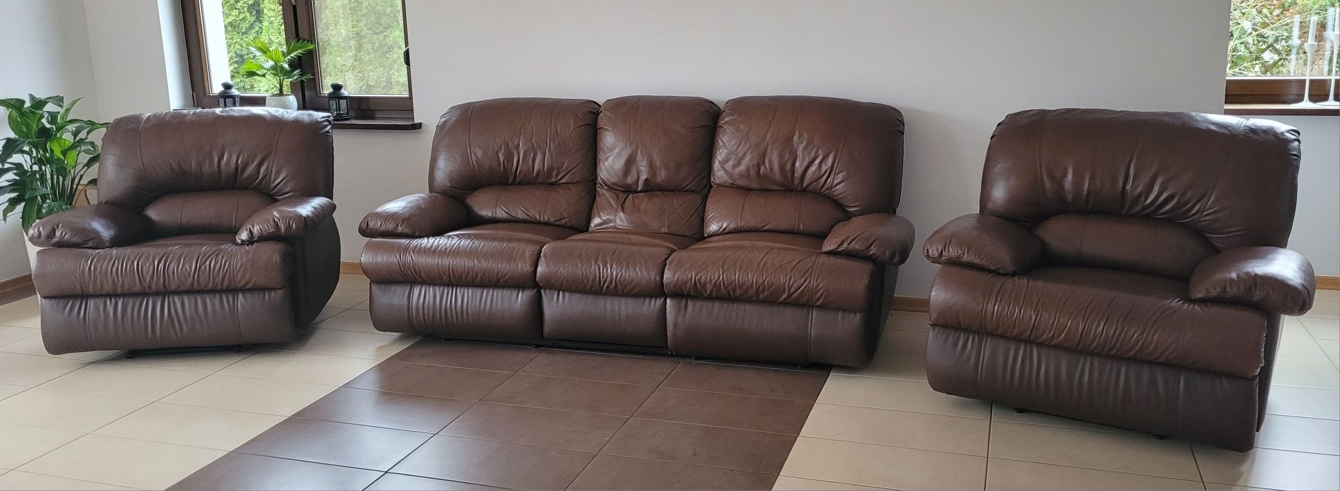 Zestaw Skórzany Sofa 3-osobowa i 2 fotele wszystko z funkcją relaksu
